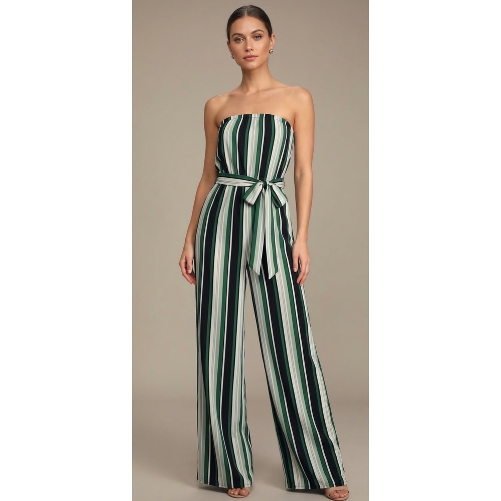 Soprano Green Black White Striped Strapless Wide Leg Jumpsuit with Belt Size S